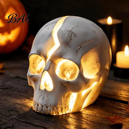 Outdoor Fairytale Garden Accents Cracked Skull Solar Light, Resin Halloween Pathway Lamp for Powered Yard Decor Patio Flower Bed, Waterproof