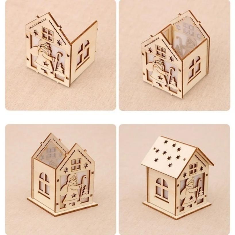 1 Pcs Christmas Ornaments Christmas Glowing Wooden Houses Christmas Tree Decorations Children's Handmade DIY Hanging Pieces