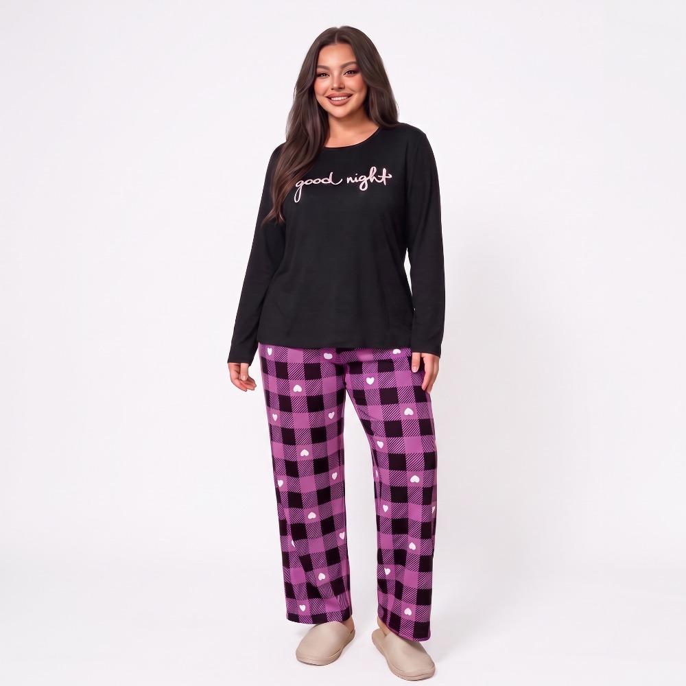 Plus Size Women Pajama Set AutumnWinter Long Sleeve Letter Print Top Plaid Sleepwear Pants Loose Ladies Soft Loungewear Homewear