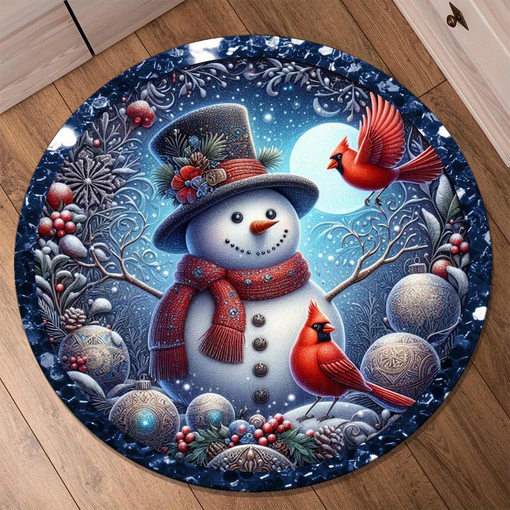 Red Bird Snowman Winter Round Rug Non Slip Washable Mat For Bedroom Kitchen Living Room Dining Room Office Home Decor