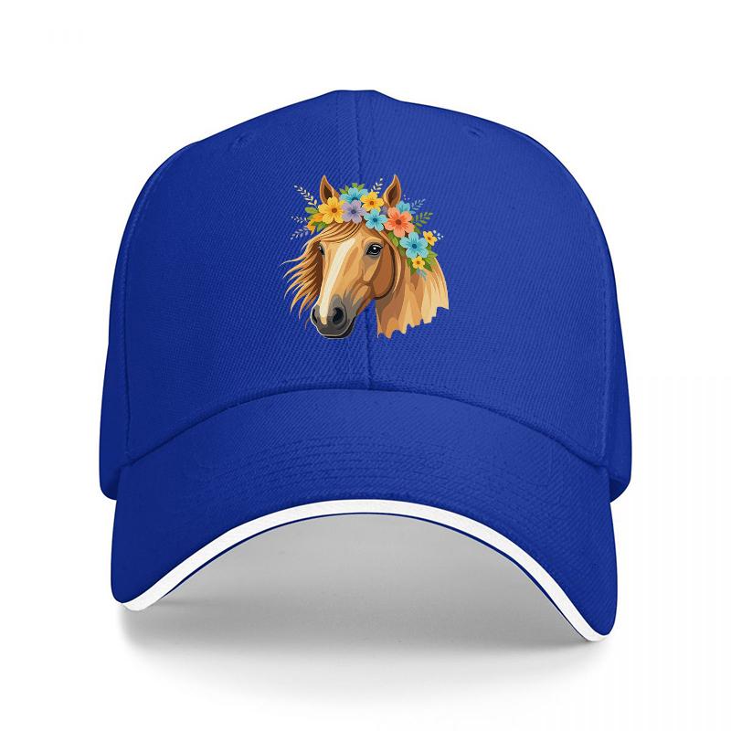 Floral Horse Head Design Baseball Cap Black Adjustable Hat with Colorful Flowers and Horse Pattern for Fashion and Style