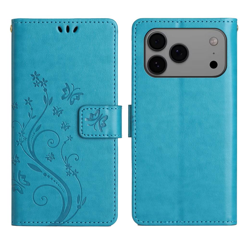 For iPhone 17 Pro Max Leather Wallet Case Butterfly Flower Imprinted Phone Cover with Strap