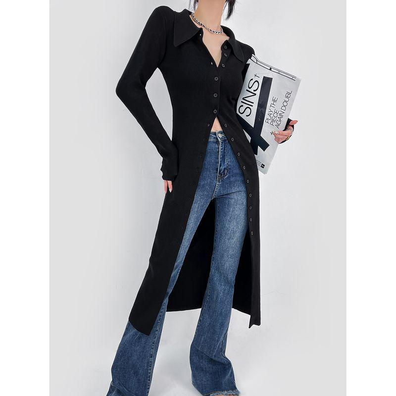 

Polo Fashion Style Single Breasted Knitting Cardigan Dress Black One size