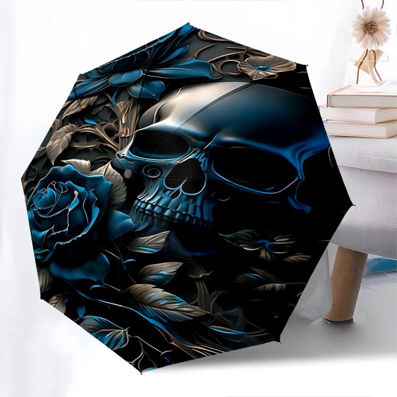 Skull Roses Themed Automatic Opening and Closing Umbrella, Brightly Colored 8-rib Portable Umbrella, Suitable for Men and Women, A Perfect G