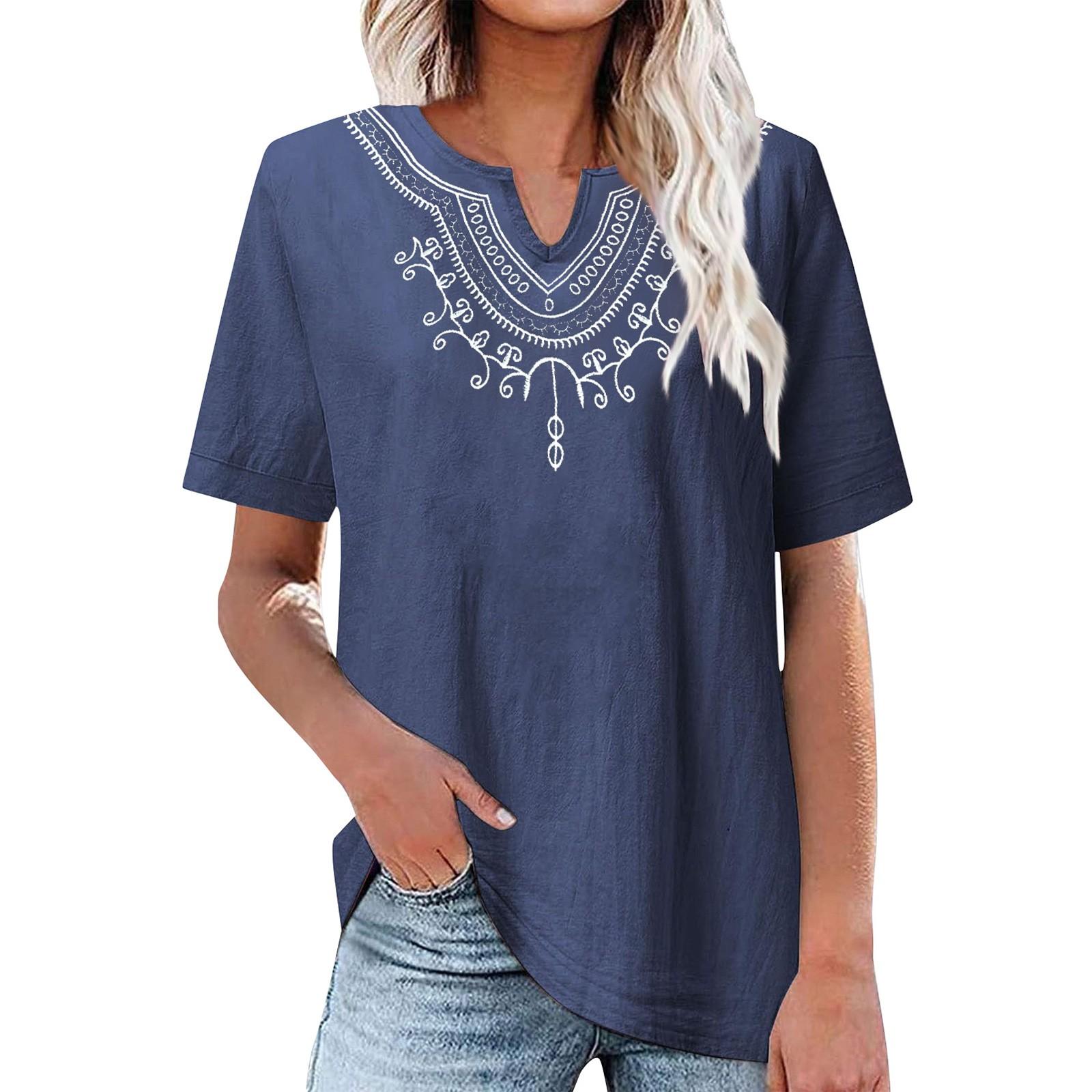 Cotton And Linen Embroidered Shirt V-Neck Color Women s Artistic Loose Fitting Short Sleeved Summer L