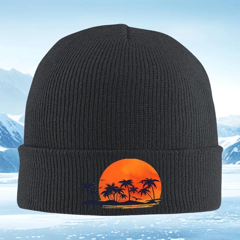 Palm Trees Sun Birds Ocean Sunset Unisex Women Unisex Knitted Hat Beanie Pullover Cap Winter Thermal Warm Christmas Outdoor Cycling