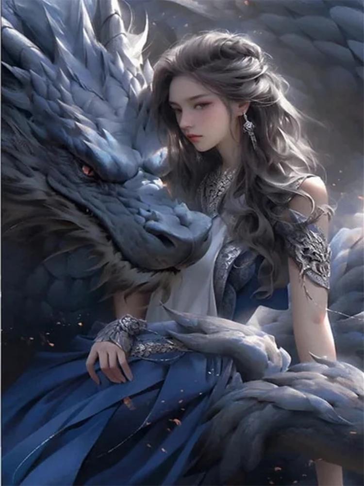 Pictură cu diamant de femei și dragoni 5DDiy, rotund complet, pătrat, mozaic, cruce, brodat, pictură cu animale, decorație de perete