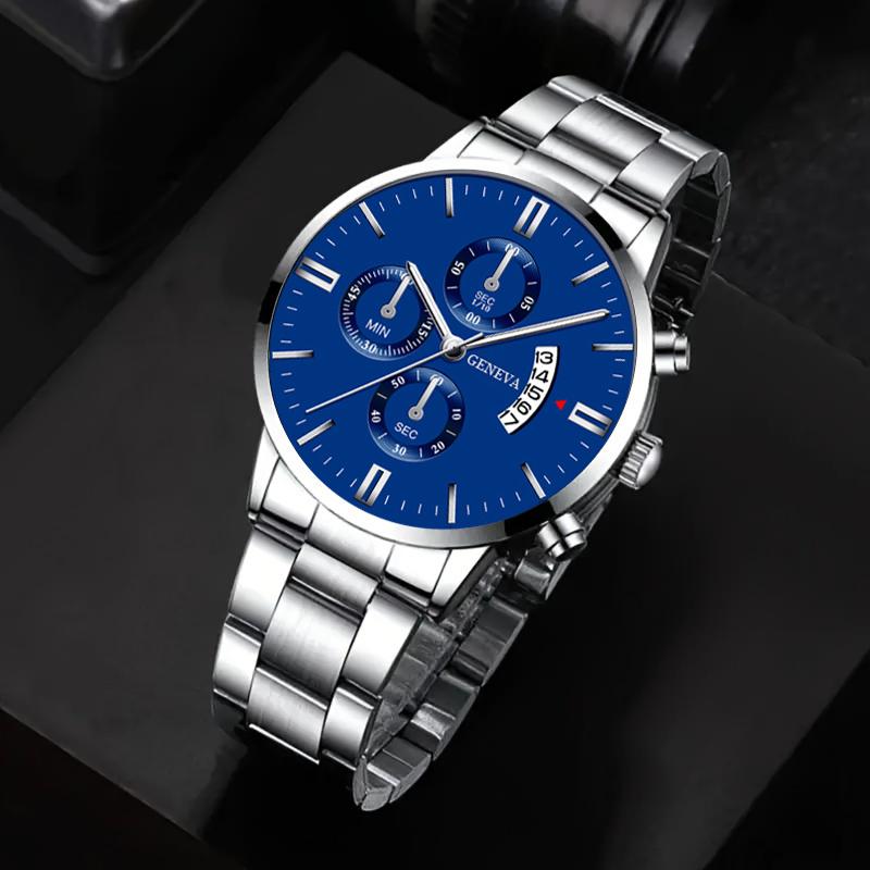 2pcs/Set FashionabAAle Men Bracelet Calendar Watch Business Casual Stainless Steel Quartz Watch As A Gift for Students Returning To School
