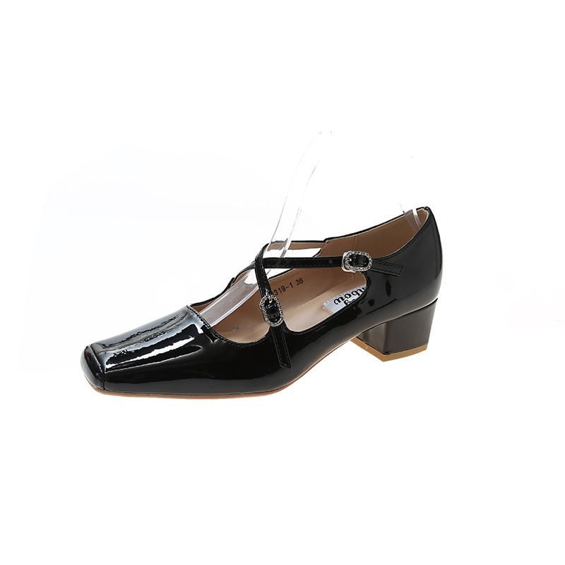 Almond head cross casual French single shoes women's new fashion light mouth square head thick heel Mary Jane shoes