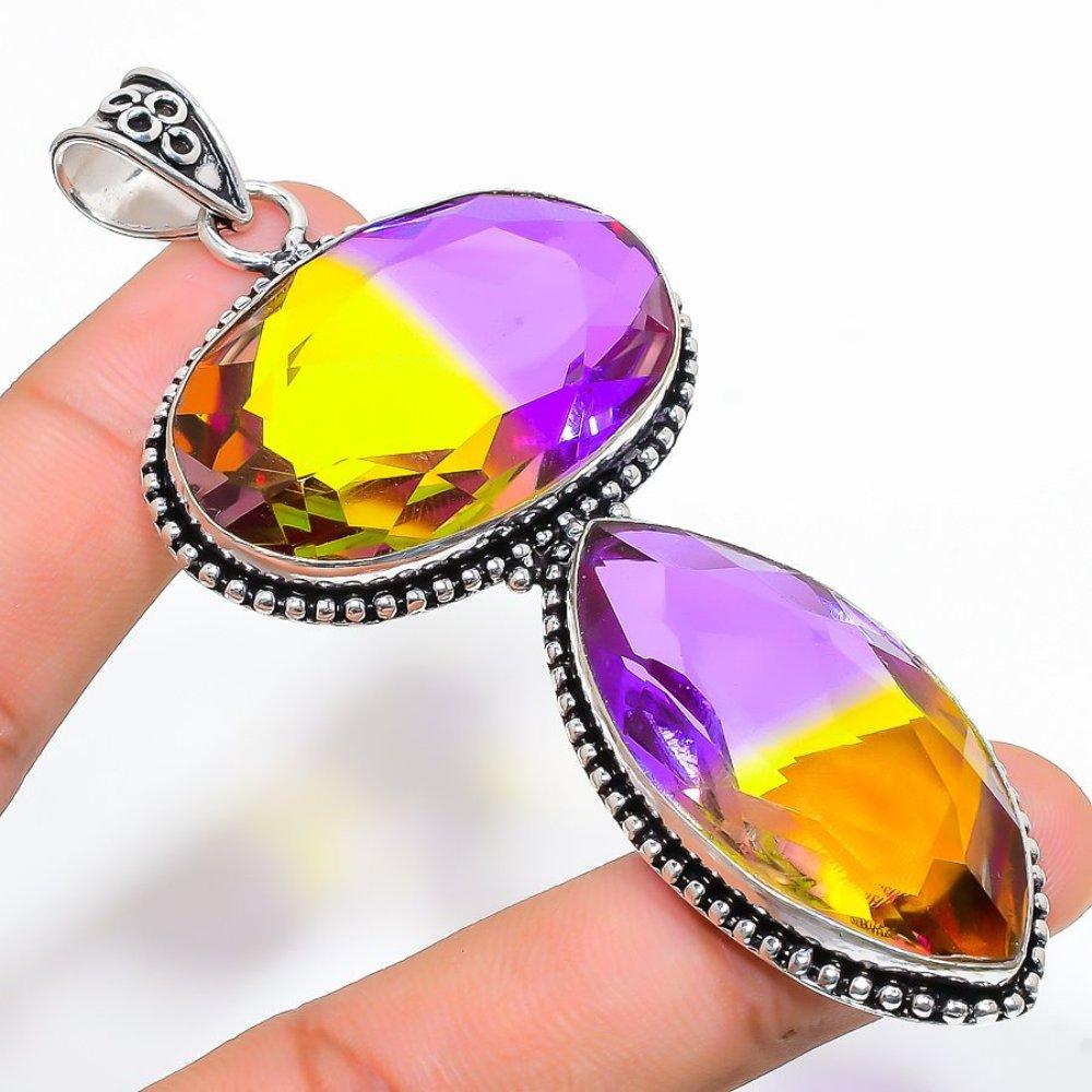 Natural Bi-Color Tourmaline Handmade 925 Sterling Silver Pendant 3.55" E7p70