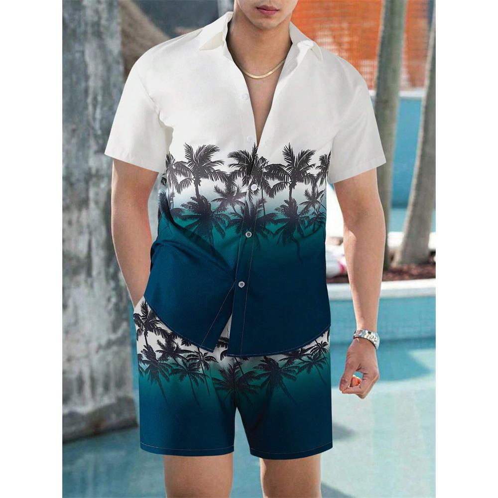 Summer New Men's Coconut Print Shirt Set High-quality Fashion Trend Shorts Hawaiian Style Casual Pool Top Outdoor Beach Two-piece Set