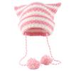 Knit Striped 3D Cat Ear Hat Elastic Windproof Hat with Pom Pom Decor Ear Protector Hat Winter Cycling Skiing Hat