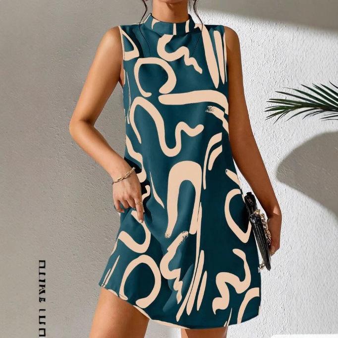 Women's High Neck Sleeveless Abstract Print Loose Fit Mid Waist Casual Mini Dress A Line Dress