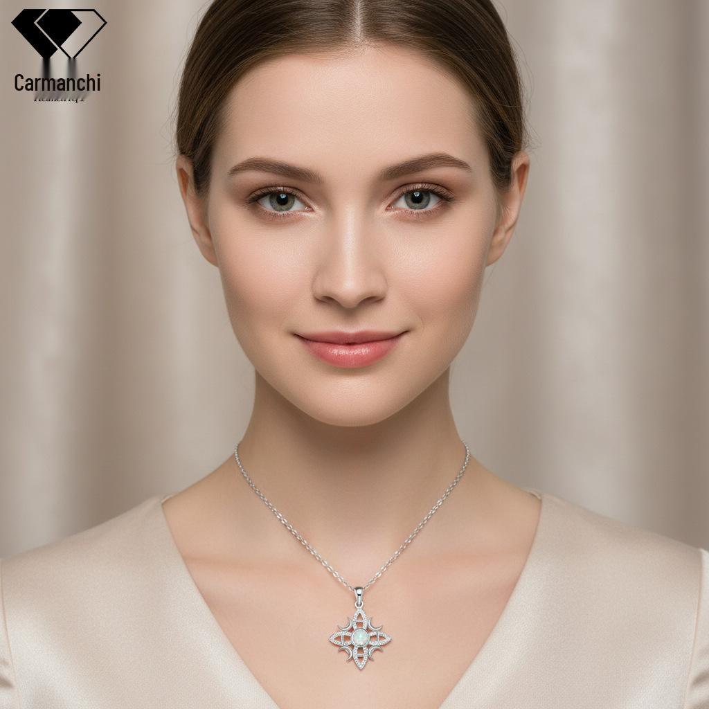 KNN-1071 Opal Celtic Witch Knot Pendant Necklace with Stainless Steel Clavicle Chain