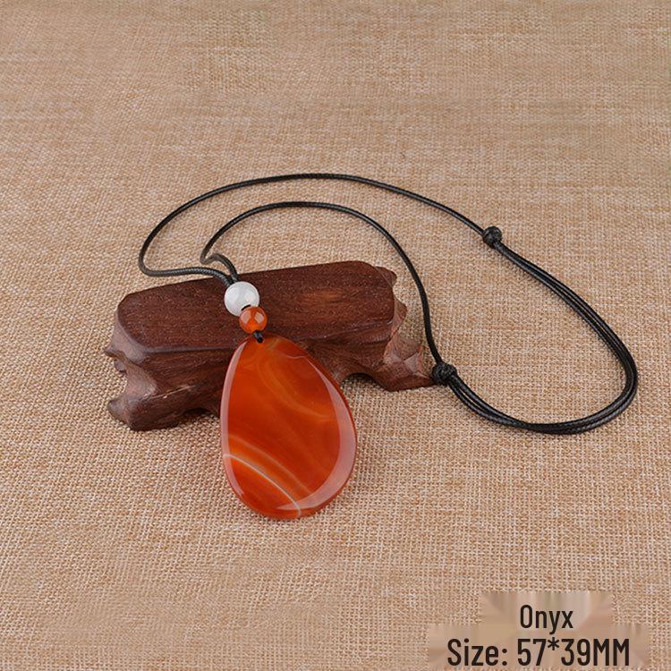 Agate Water Drop Pendant Necklace - Natural Retro Ethnic Style with Adjustable Wax Cord