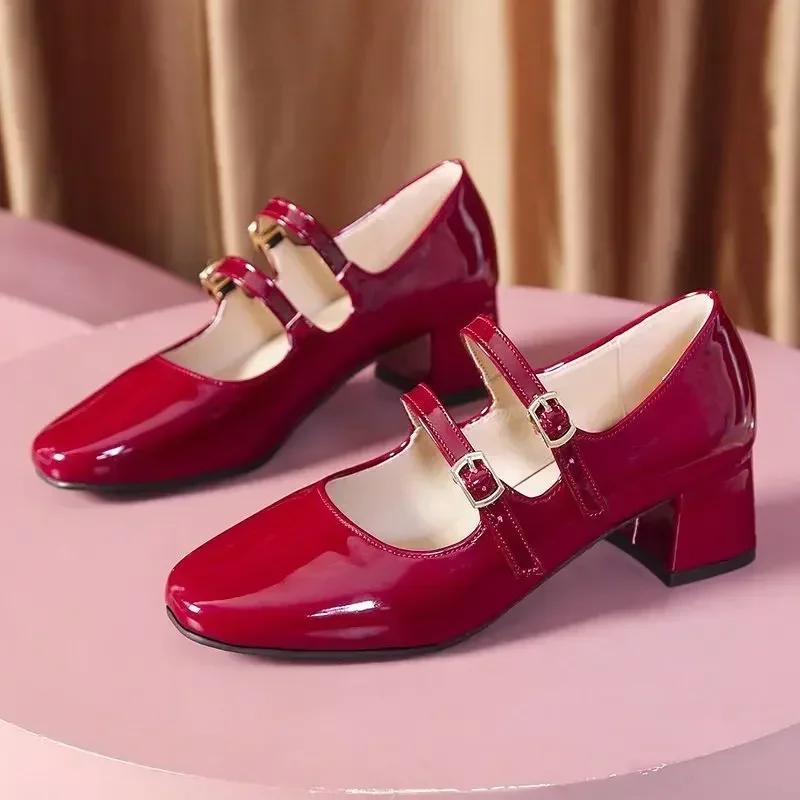 Women's Shoes 2025 Fashion Buckle Women Pumps Autumn Mary Jane Square Toe Shallow Solid Dress Party Chunky Heels Shoes Zapato