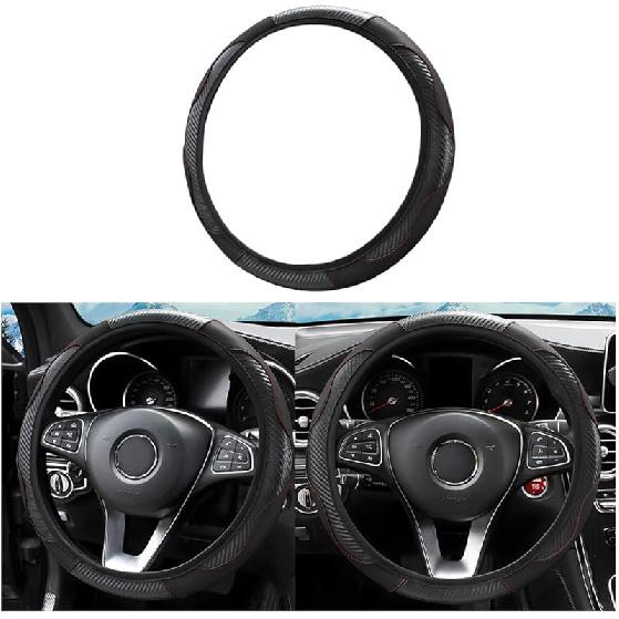 Car Steering Wheel Cover, Microfiber PU Leather Elastic Carbon Fiber Auto Steering Wheel Protector, 15 Inch Breathable Anti-Slip For Women Men, Car