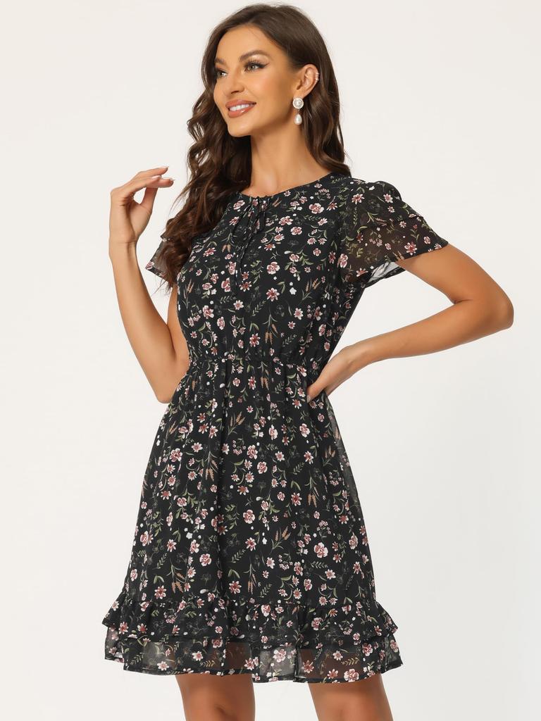 Allegra K Ruffle Dress, Frill Sleeve, Self-Tie, V-Neck, Above Knee Chiffon, A-Line, Floral Print, Women's, Black, Size 3XL