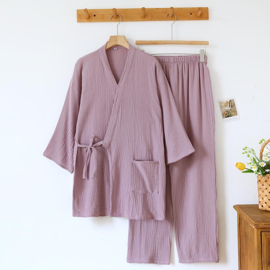2026 New Couple Japanese Kimono Set 100% Cotton Crepe Cloth Women's Spring and Autumn Simple Solid Color Home Clothes