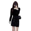 Women's Spring 2025 Black Velvet Lace Patchwork Top