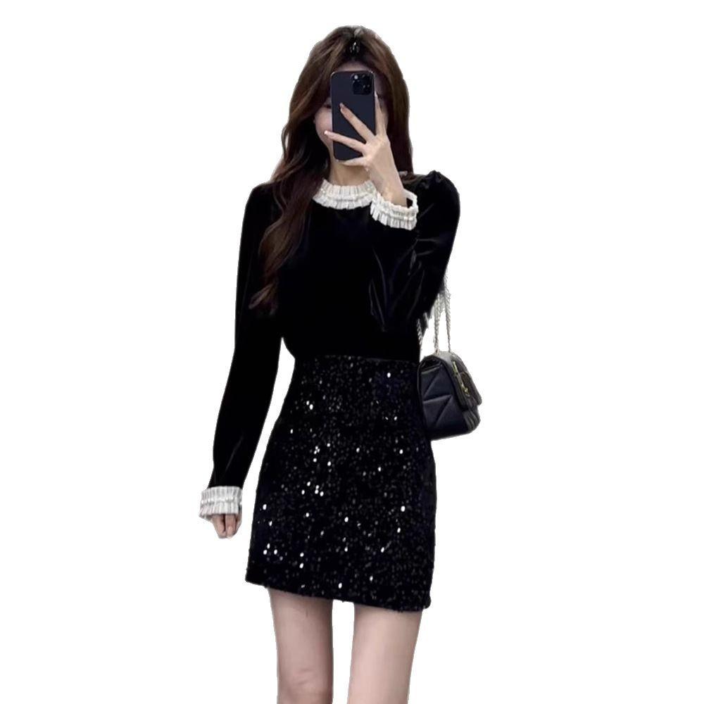 Women's Spring 2025 Black Velvet Lace Patchwork Top