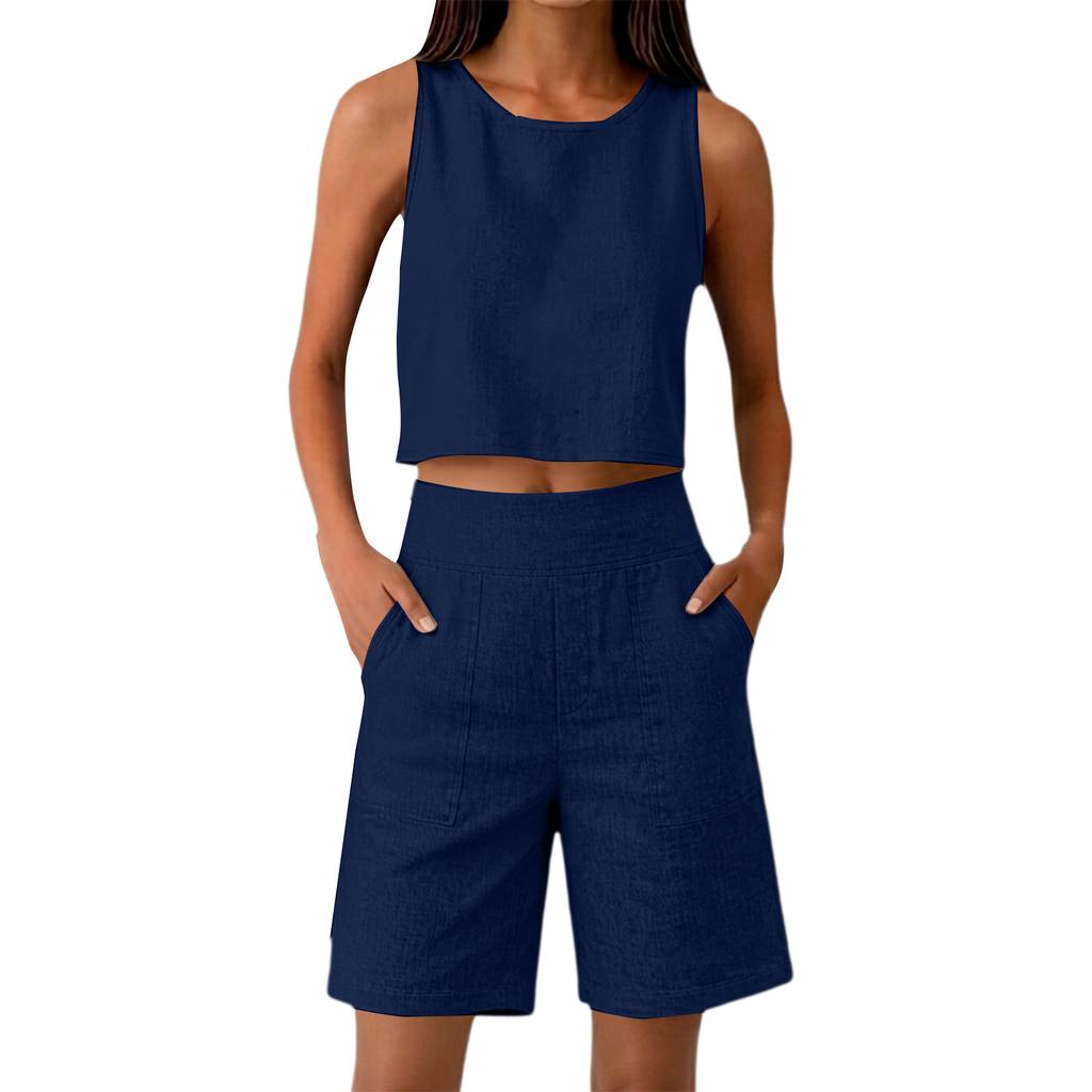 Damen ärmelloses zweiteiliges Set Leinenoptik Crop Top und High-Waist-Shorts lockere Passform Sommer-Outfit für Freizeitkleidung