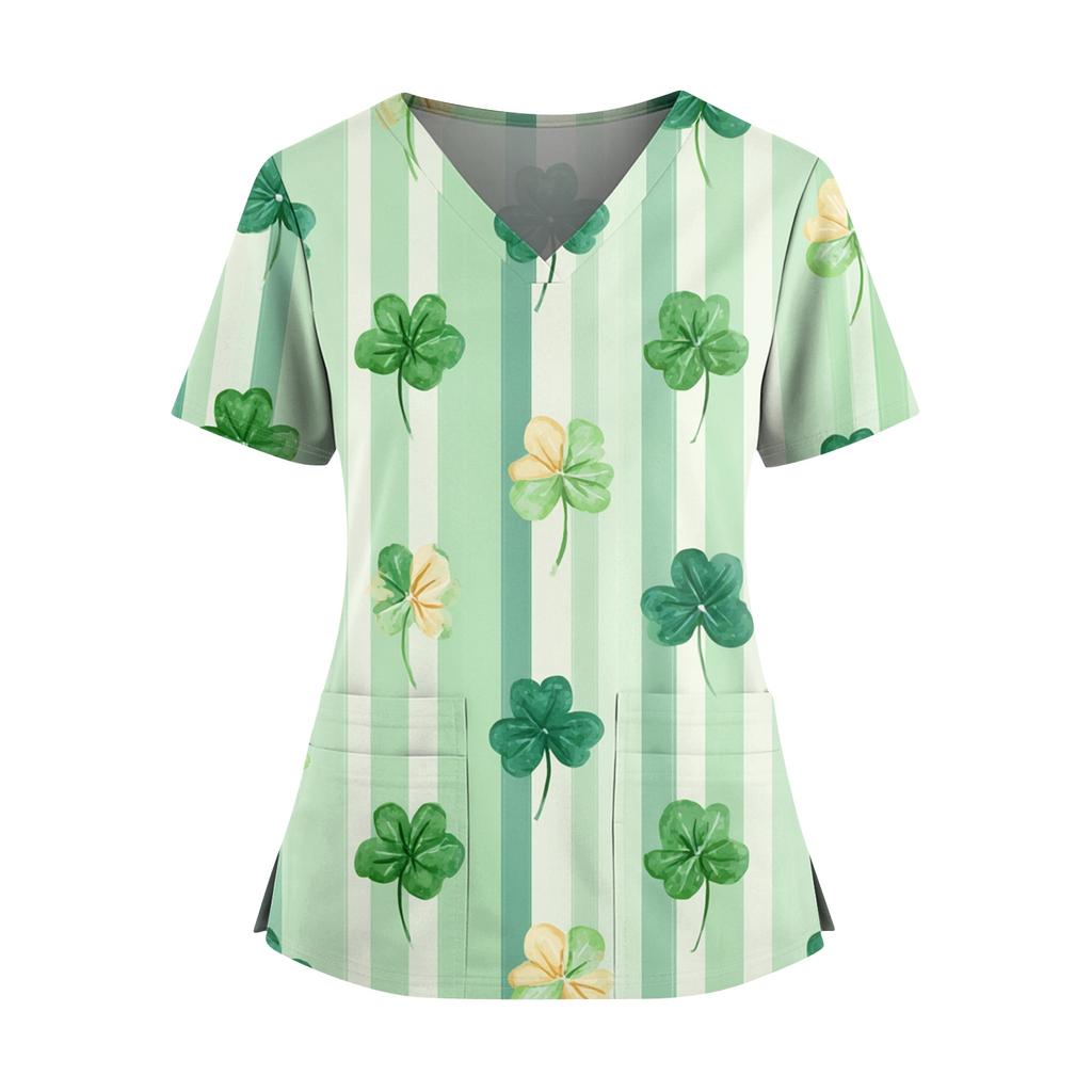 Frauen St. St. Patrick's Day Druck V-Ausschnitt Doppeltasche Kurzarm Uniform Oberteil mit geschlitztem Saum