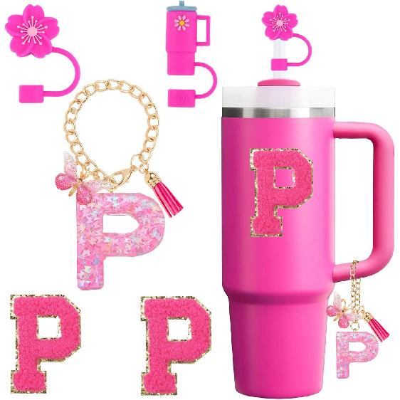 Cup Accessories Set for Stanley Cup 30oz 40oz tumbler with handle, Including Silicone Straw Topper Cover Cap, Handle Charm, Initials Sticker Fuchsia
