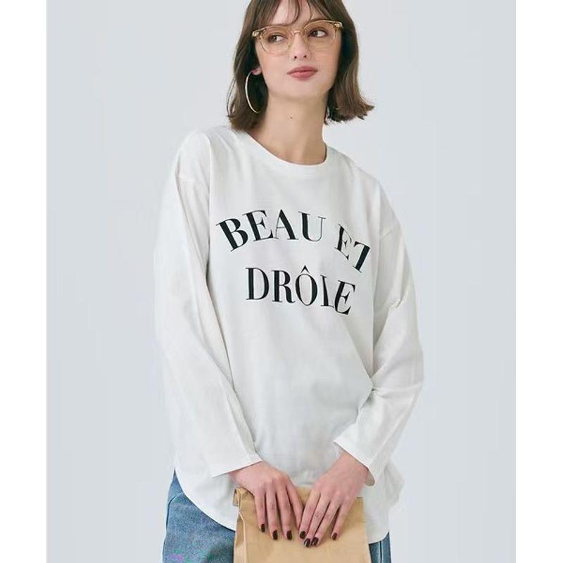 

6-Color Japanese Single Spring and Autumn Front Short Back Long Printing Circular Lower Hem round Neck Pure Cotton Long Sleeves T-shirt Loose Design BE letter L