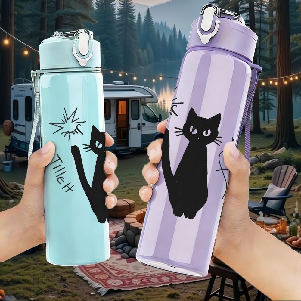 1PC Black Cat Star Doodle Art 750ml Color Plastic Sports Water Bottle Leakproof Flip Straw Lid Suitable for Sports Office Home Use