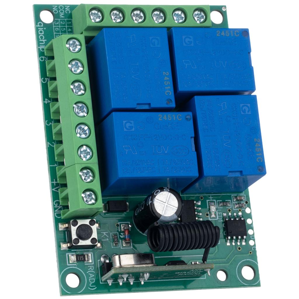 Rosfix Moduł Przekaźnika z Pilotem 433MHz – Zasięg do 100m | 4 Przekaźniki w Obudowie | Napięcie 12V DC, Częstotliwość 433MHz