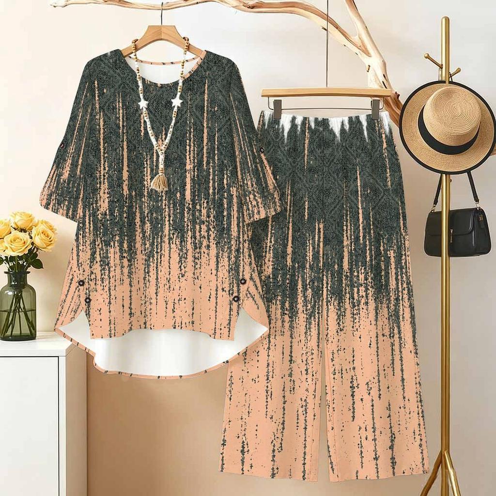 Women Plus Size Printed Two Piece Pants Set Round Neck Half Sleeve High Low Top Long Pants