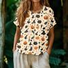 Women Henley Neck Short Sleeve Button Front Shirt Halloween Pumpkin Print Casual Top Lightweight Breathable Fabric