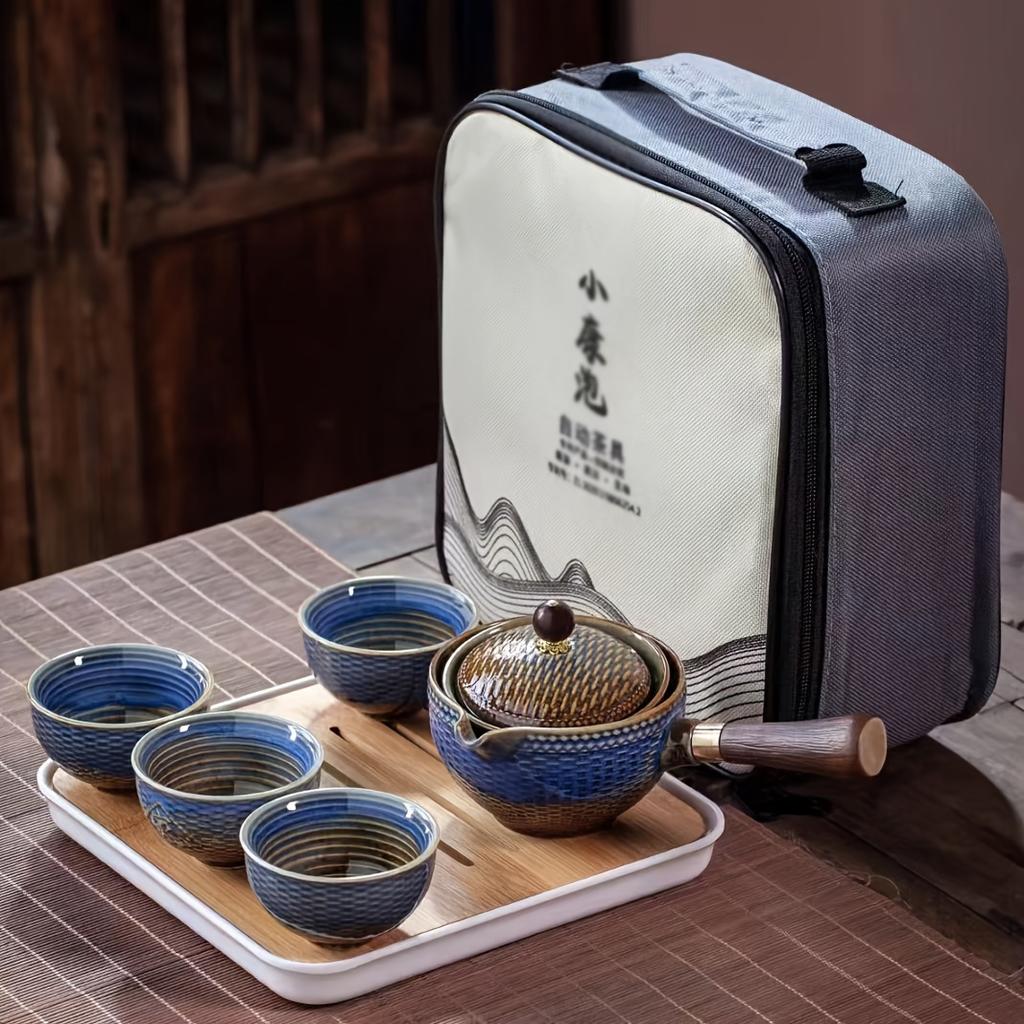 1/5/6/Stück Keramik-Teeservice, bedruckte Teekanne, tragbares Reise-Teeservice, Kung-Fu-Teekanne mit einfachem Verbrühschutzgriff, Teetassen, Teetablett, perfekt für zu Hause und