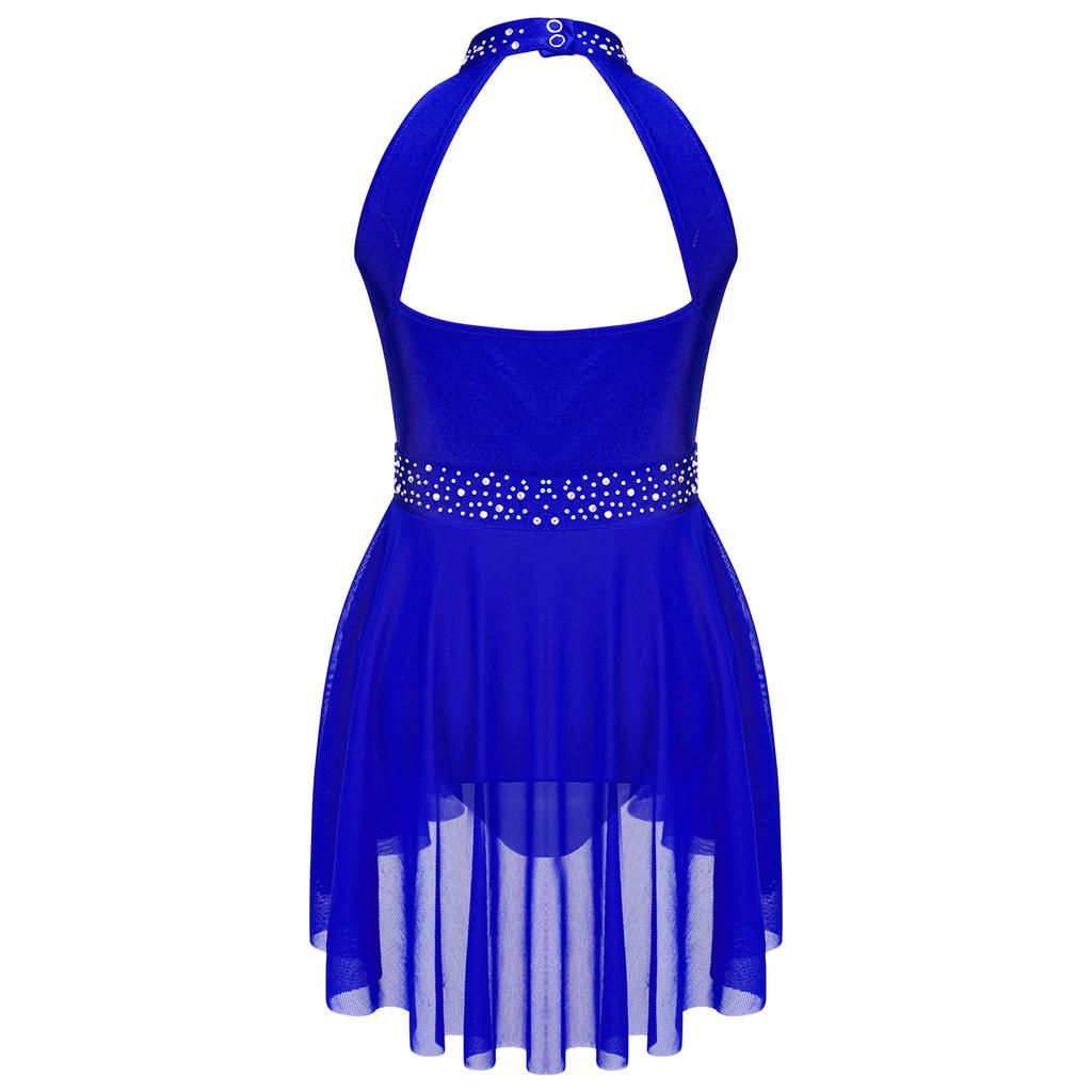 Kids Girls Sleeveless Shiny Rhinestone Decor Backless Leotard Dress for Lyrical Contemporary Dance