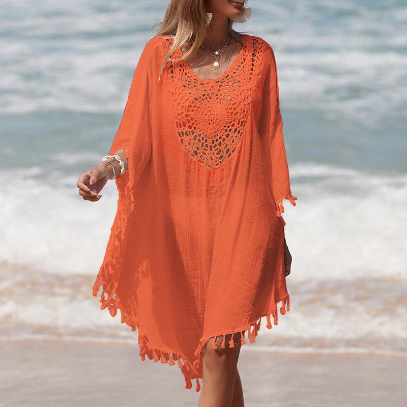 Cross-border Holiday Crochet Patchwork Tassel Beach Skirt and Sun Protection Cardigan Cover-up