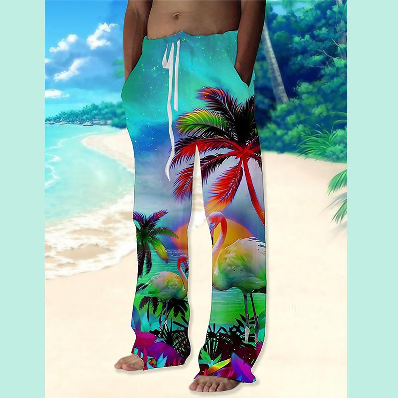 Plus Size New Men Trendy Streetwear Casual Pants Wide Leg 3D Digital Beach Linen Trousers for Men