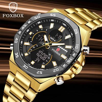 LIGE Top Marke FOXBOX 2024 Neue Ganz Stahl herren Uhr Digital Dual Display Nachtlicht Wasserdichte Quarzuhr