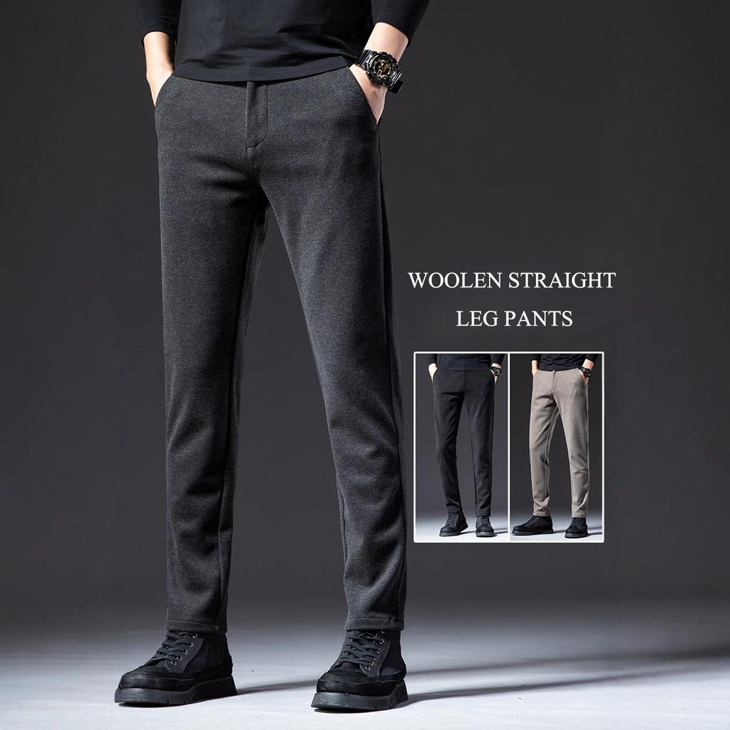 2024 Autumn/Winter Thick/Regular Woolen Pants Men'S Straight Tube Brushed Casual Pants Light Business Elastic Non Stick Gray Trousers