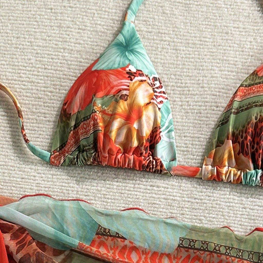 New European And American Apron Three-Piece Bikini Flower Print Lace-Up Swimsuit Women'S Swimsuit