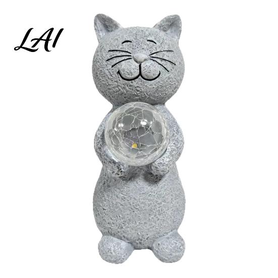 Unique Gift for Gardeners Cat Statue Solar Light Smiling Garden with Cracked Crystal Ball Durable Resin Sculpture Decor Waterproof Animal Lamp Patio