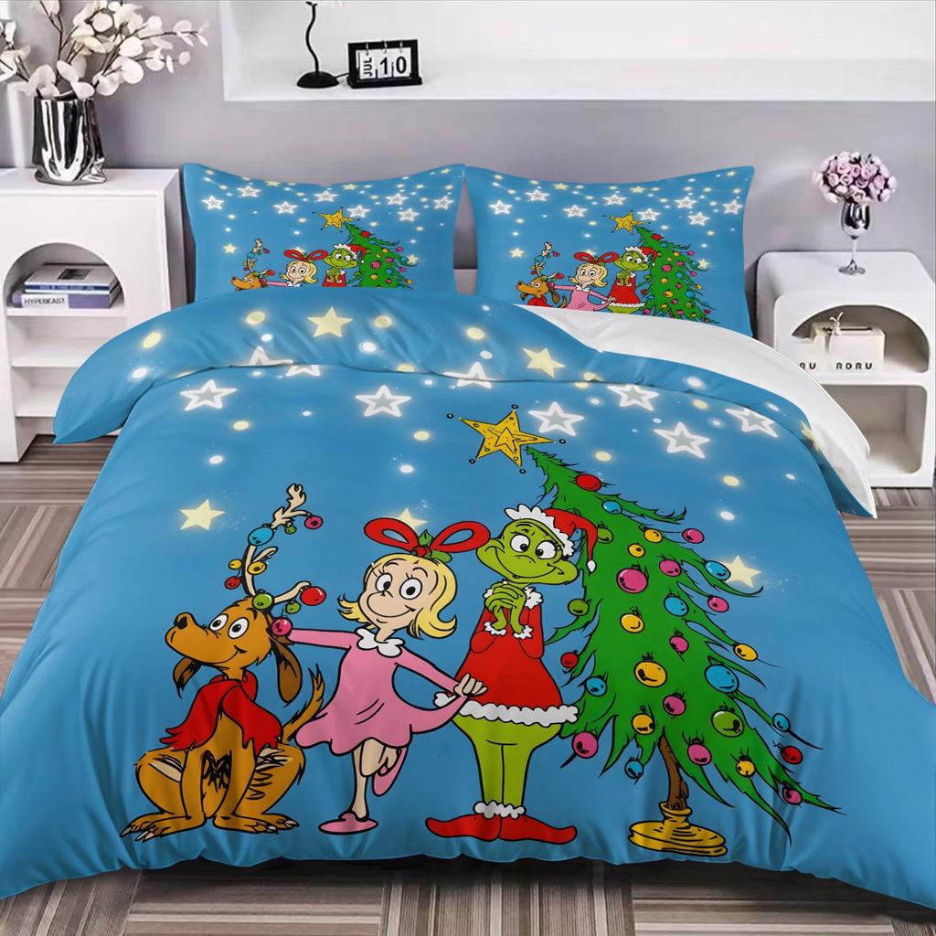 NEU Green Monster Stole Christmas Komfort Bettwäscheset Bettwäscheset Grinch Bettbezug-Set King Queen Größe Für Jungen Mädchen Geschenke