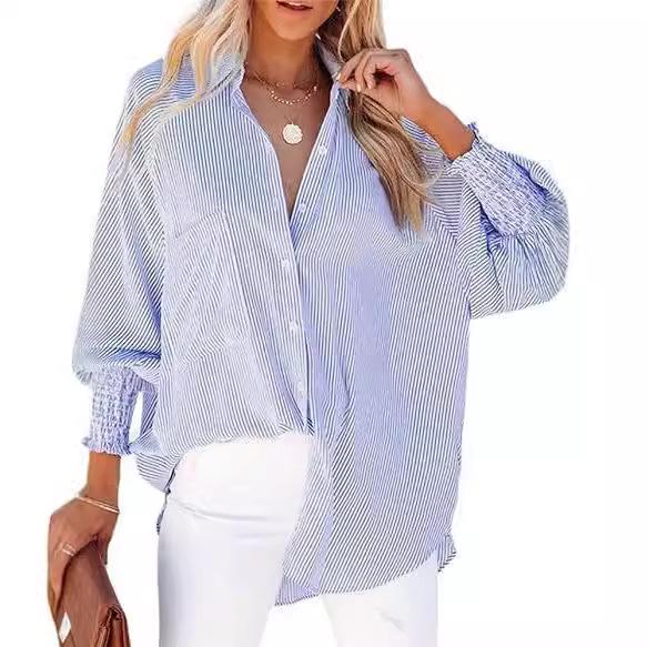 Striped Long-Sleeve Loose Casual Women's Shirt with Pocket