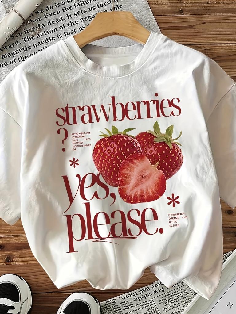 Retro Strawberries Yes Please Graphic T Shirt Vintage Fruit Slogan Print Crew Neck Unisex Casual Spring Summer Daily Tops