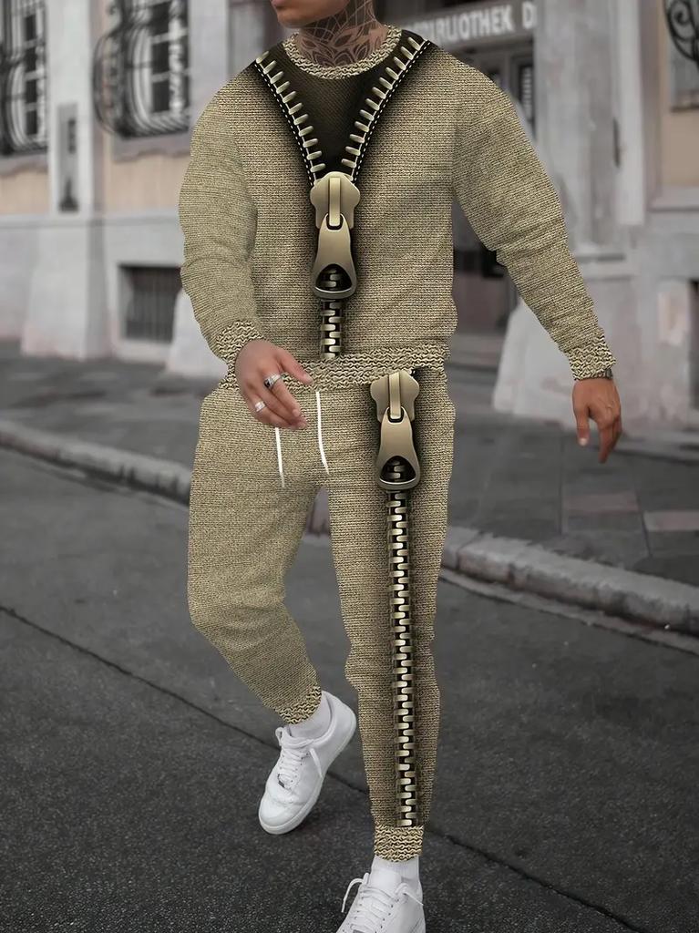 Men's Trendy Gradient Color Paris Letter 3D Print T-shirt Pants Set For Men Fashion Outdoor Long Sleeved Pullover Jogging Outfit