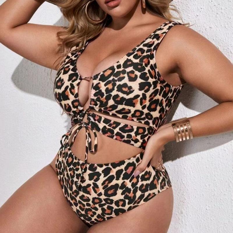 Plus Monokini Leopard Swimsuit One Piece Large Size Swimwear Women Beachwear Bathers Bathing Swimming Swim Suit