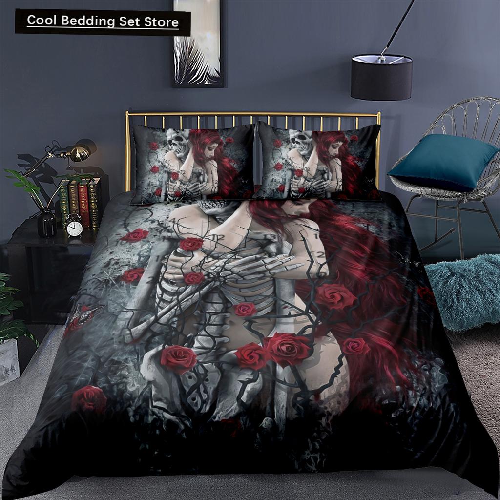 Skeleton King Queen Duvet Cover Skull Bedding Set for Kids Teens Adults Halloween Bedroom Decor Soft Comforter Cover Pillowcases