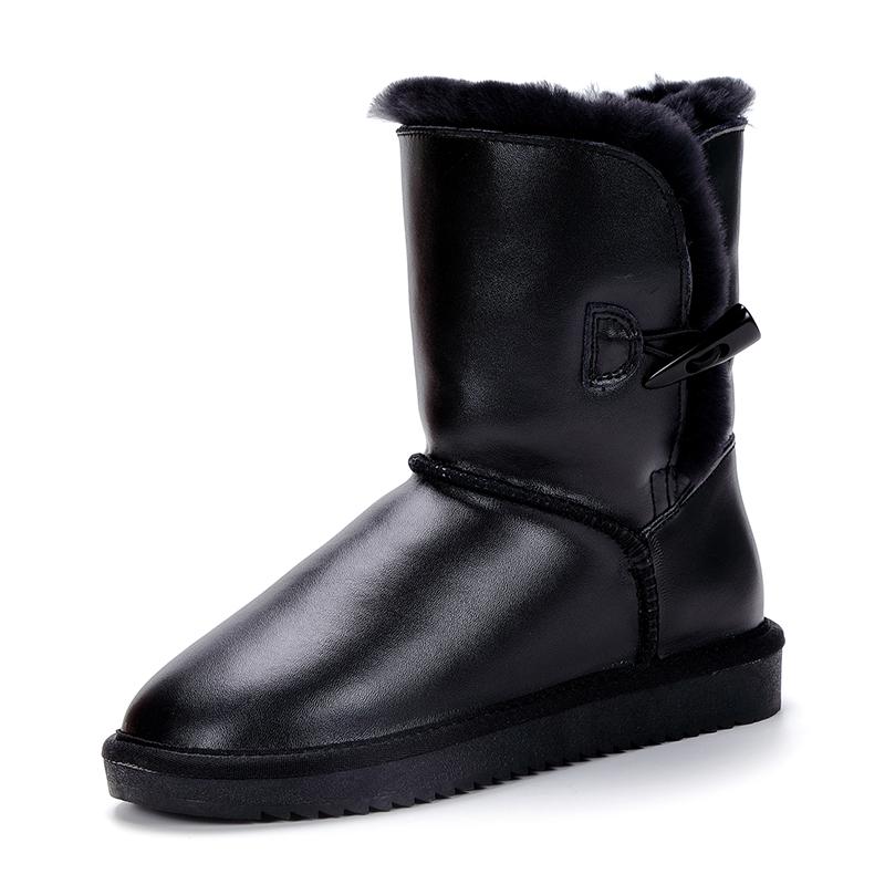 Warme Dames Sneeuwschoenen Halflang Zwart Echt Leer Laarzen Gevoerd met Natuurlijk Bont Antislip Platte Winterschoenen Voor Dames Dagelijks Gebruik 37