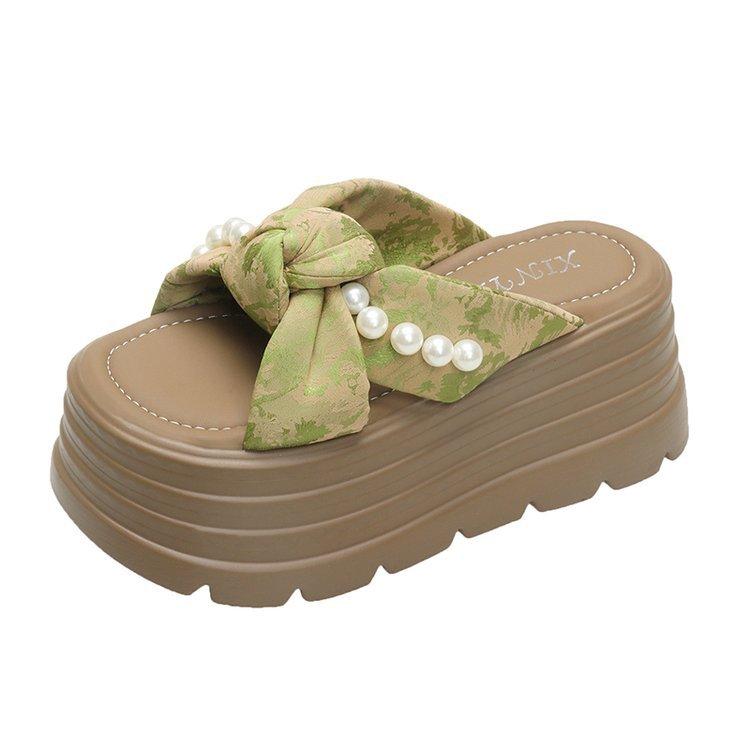 2025 spring and summer new cool slippers muffin thick bottom small bow pearl thick bottom fashion slippers
