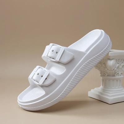 Soft Sole Slippers Women  Summer Double Buckle Pillow Sandals Woman Slides Flat Heels Non Slip Home Flip Flops